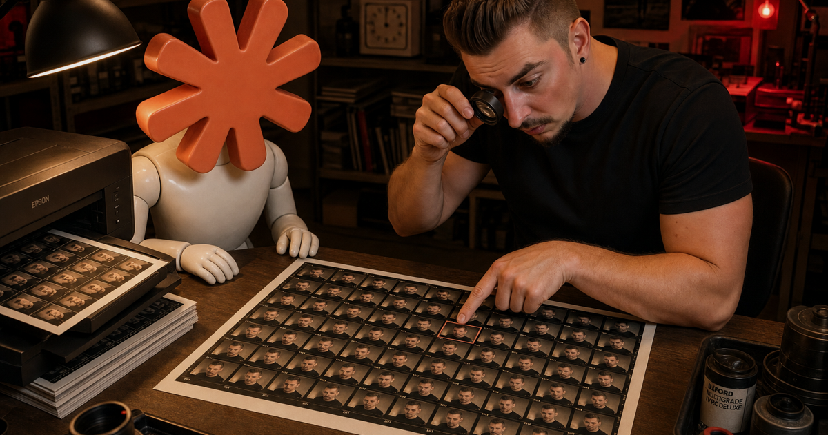 A man with a loupe picks one frame out of a dense grid of nearly identical prints on a contact sheet while a small ceramic-white robot with a coral asterisk head stands at a photo printer beside him.