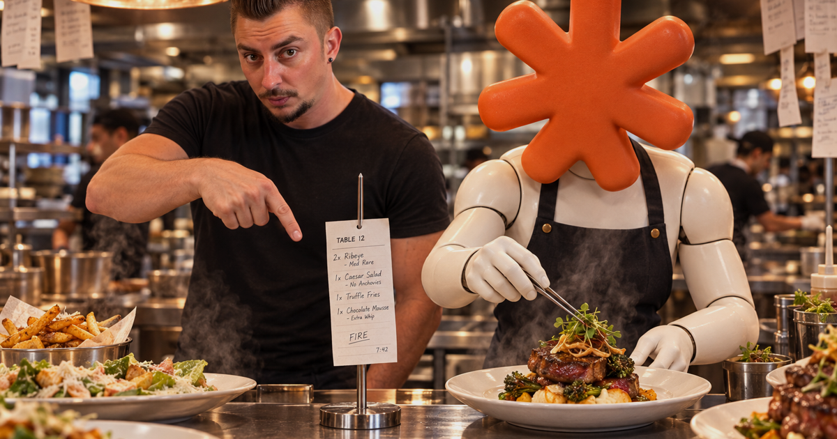 A chef points to a handwritten order ticket left untouched on the spike while the Claude Code mascot plates a finished dish at the pass without ever reading it.
