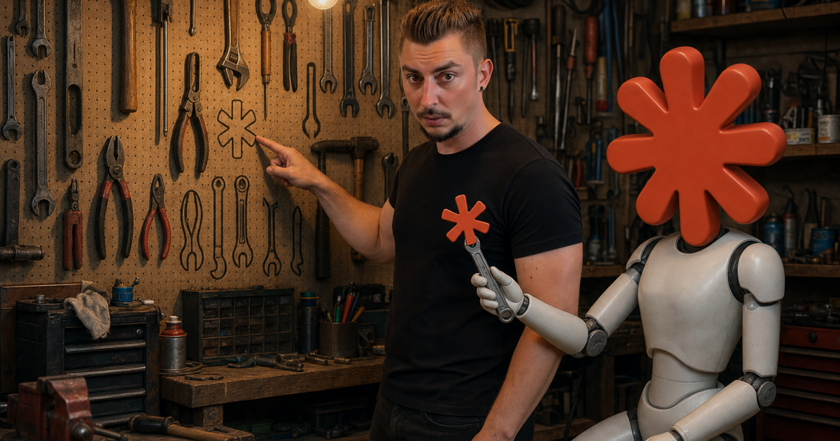 A man points at an empty outline on a workshop pegboard, deciding whether to fill it, while the Claude Code mascot offers him a wrench shaped like a coral asterisk, surrounded by other pegboard slots already holding real tools.