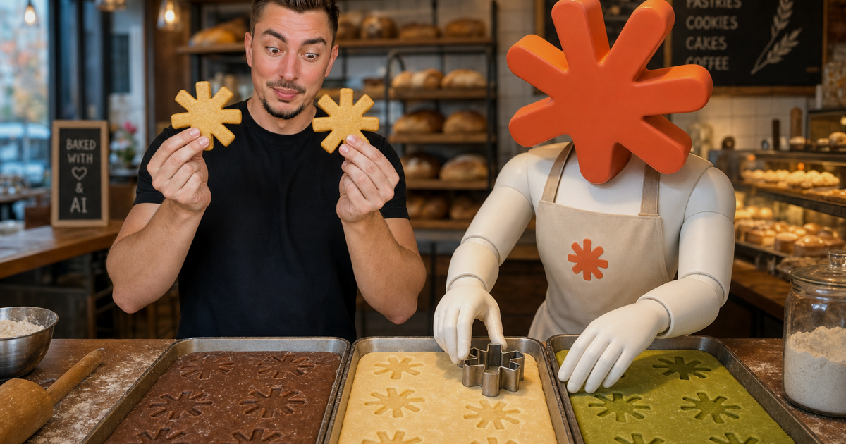 A man compares two identical star-shaped cookies while a Claude Code mascot stamps the same coral-asterisk cutter into different colors of dough, showing how the shape stays the same no matter what words go in.