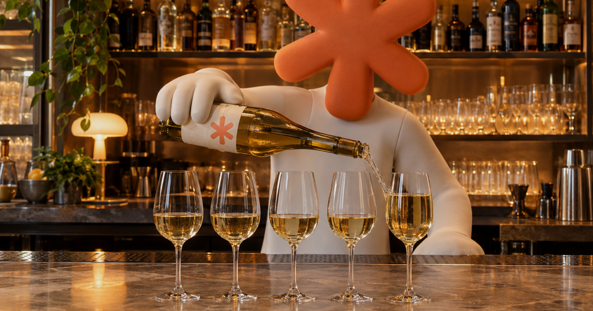 A blind-tasting flight of five glasses, four poured to one identical level and one sitting higher, breaking the row, while the Claude Code mascot pours from a bottle marked with a coral asterisk.