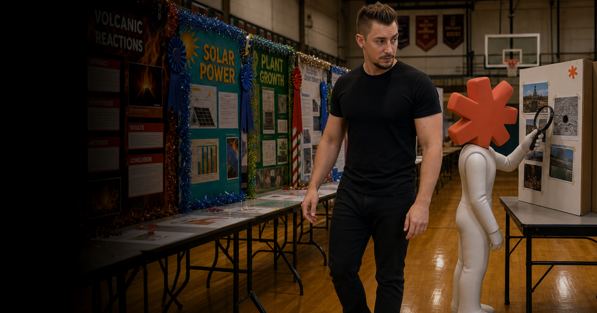 A man in a black t-shirt walks past a row of glossy, ribbon-decorated science-fair boards toward a plain foam-core board covered in taped photos, where the Claude Code mascot inspects one photo with a magnifying glass.