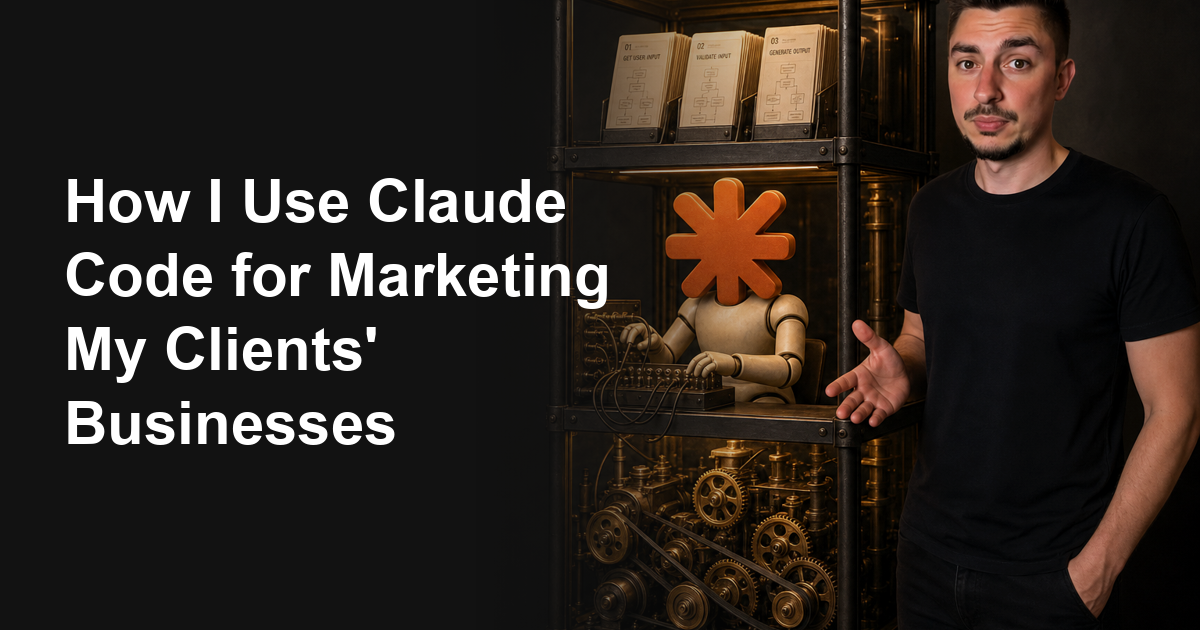 Frederik beside a three-tier rack showing the Claude Code for marketing architecture: instruction cards on top, the Claude-headed coworker patching a switchboard in the middle, working gears below