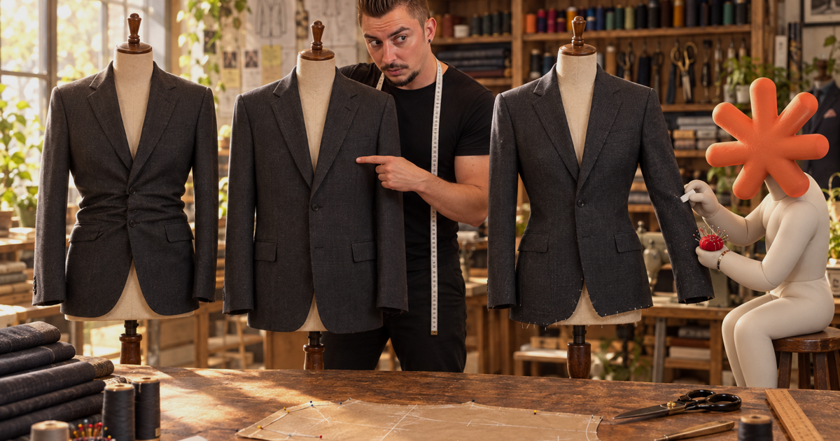 A tailor's workshop where Frederik points at one of three differently fitted jackets cut from the same pattern while the Claude Code mascot adjusts a sleeve on a stool.