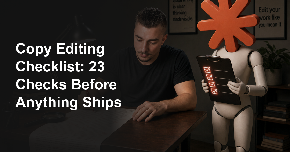 Frederik marking up a long scroll of printed copy with a red pen while the Claude Code mascot holds a clipboard with glowing checkmarks