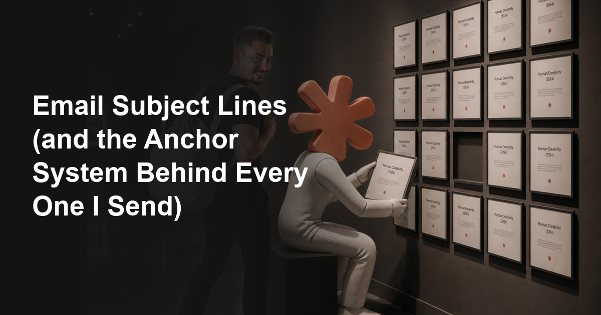 Frederik and a Claude-headed figure lifting framed subject lines off a gallery wall of 17 placards