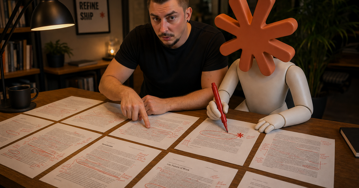 A man points at a red-pen-annotated page on a desk covered in marked-up printed drafts while the Claude Code mascot circles a flagged sentence with a coral asterisk mark.