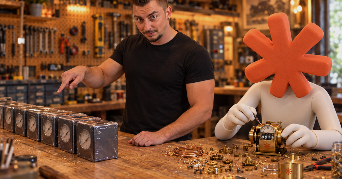 A man in a black t-shirt points at a row of identical boxed gauges on a workbench while the Claude mascot assembles a hand-built brass tally counter with a coral asterisk stamped on it.