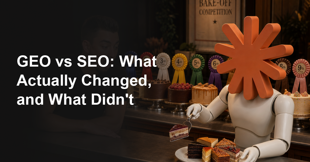 A judging podium of ribboned whole cakes stands for SEO's ranked list, while a robot mascot plates single slices pulled from each cake onto one dish to represent GEO's answer built from paragraph-level pieces.