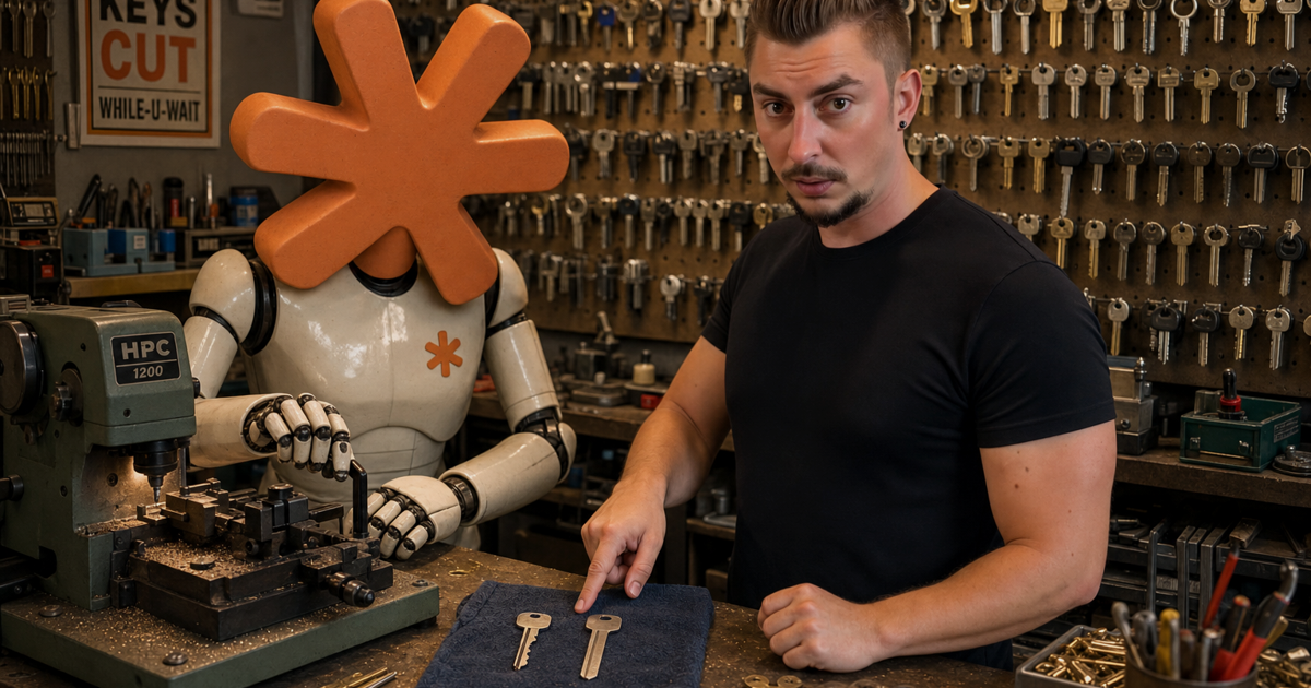 A locksmith points at an uncut key blank next to a properly cut key on a workbench, while the Claude Code mascot operates the key-cutting machine.