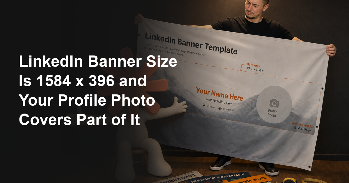 Frederik holding a giant LinkedIn banner template up to the light while the Claude Code mascot stands in the lower left corner of it, blocking the text behind him