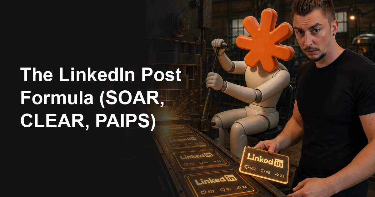 Frederik and the Claude Code mascot at a steel stamping press punching out glowing LinkedIn post cards on an assembly line