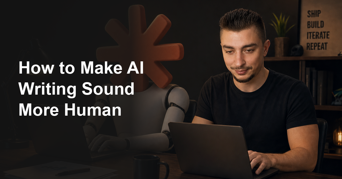 Frederik working alongside the Claude-headed coworker while writing about how to make AI writing sound more human