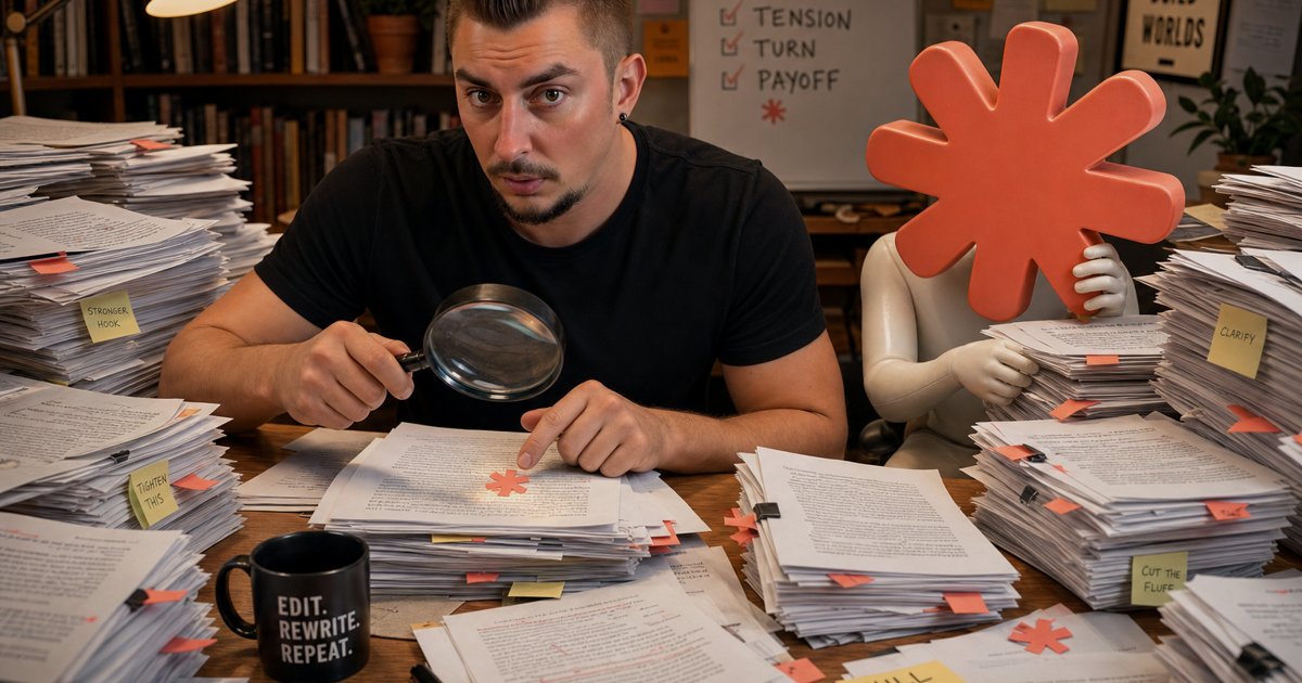 A man at a cluttered editing desk points a magnifying glass at a manuscript page flagged with a coral asterisk sticky note, catching the Claude Code mascot peeking out from behind a stack of printed drafts.