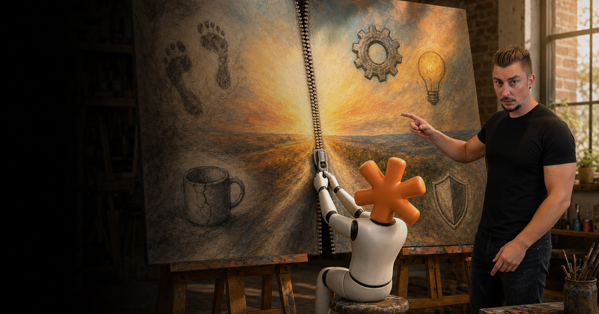 A man in a black t-shirt points as a small white mascot with a coral asterisk head zips two sketched canvases together into one merged painting in a sunlit studio.