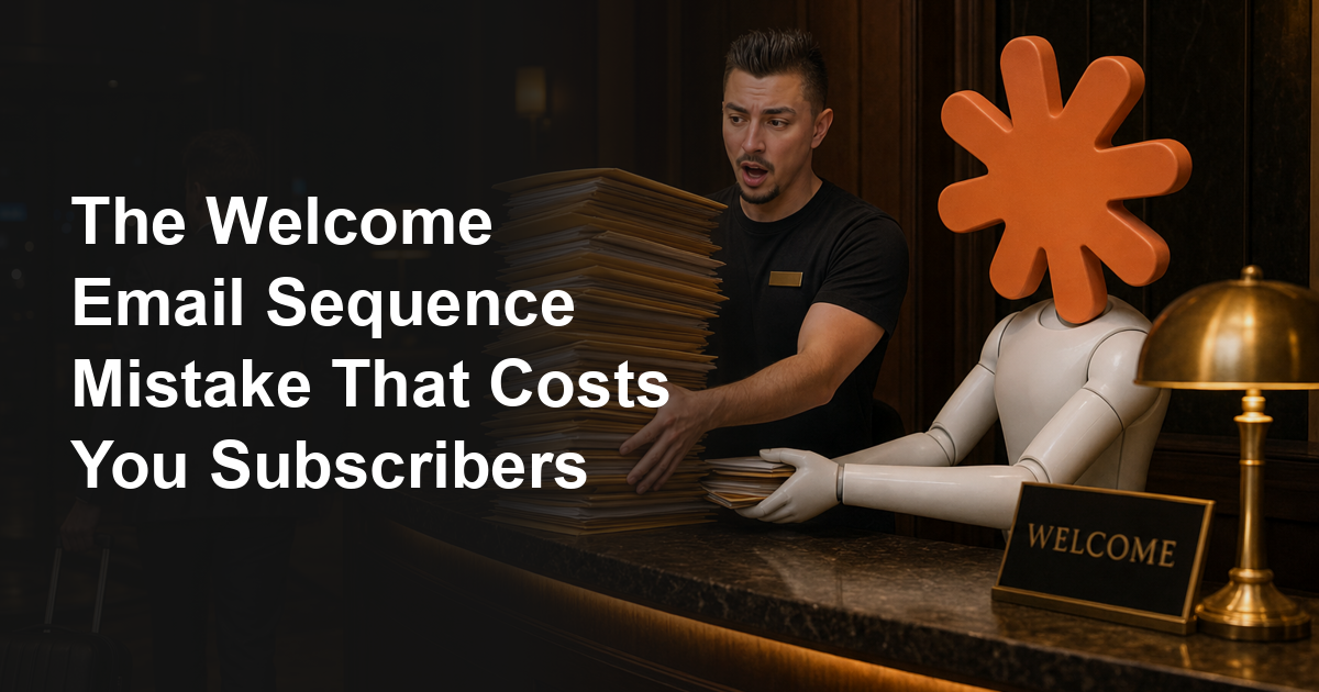 Frederik behind a hotel welcome desk as a Claude-headed clerk hands a departing guest a huge stack of envelopes