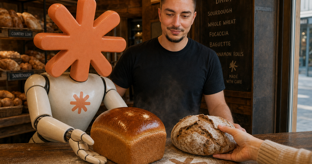 A customer reaches past a glossy, machine-smooth loaf to grab a rough, rustic loaf instead, while {claude} and a man in a black t-shirt stand behind the bakery counter.