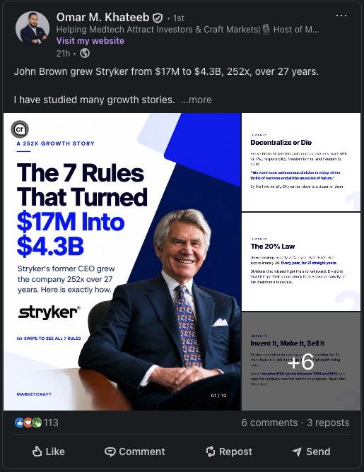 Omar Khateeb's LinkedIn post about John Brown and Stryker, one day after publishing, showing 113 reactions