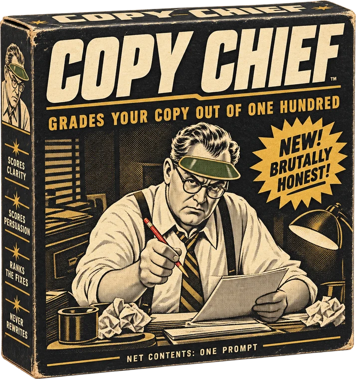 The Copy Chief box, a vintage product package with a 1950s editor in a green visor marking up a page