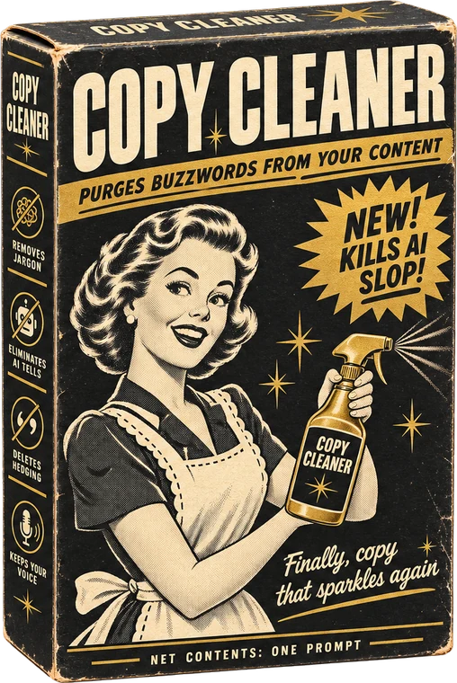 The Copy Cleaner box, a vintage product package with a 1950s housewife holding a spray bottle