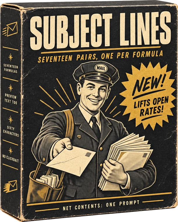 The Subject Lines box, a vintage product package with a 1950s mailman carrying a stack of envelopes