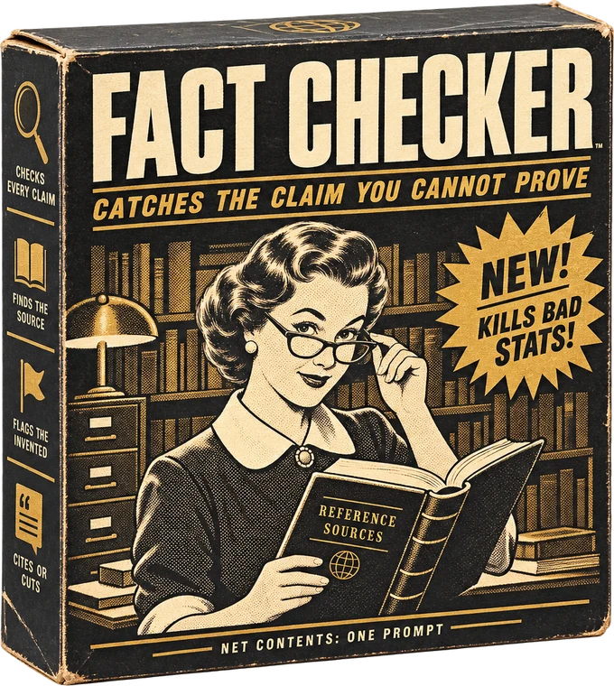 The Fact Checker box, a vintage product package with a 1950s librarian holding an open reference book