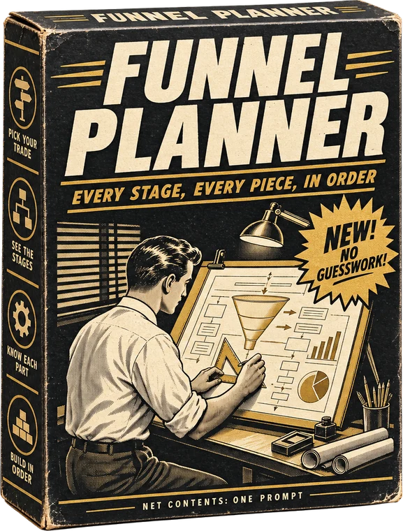 The Funnel Planner box, a vintage product package with a 1950s draughtsman drawing a diagram