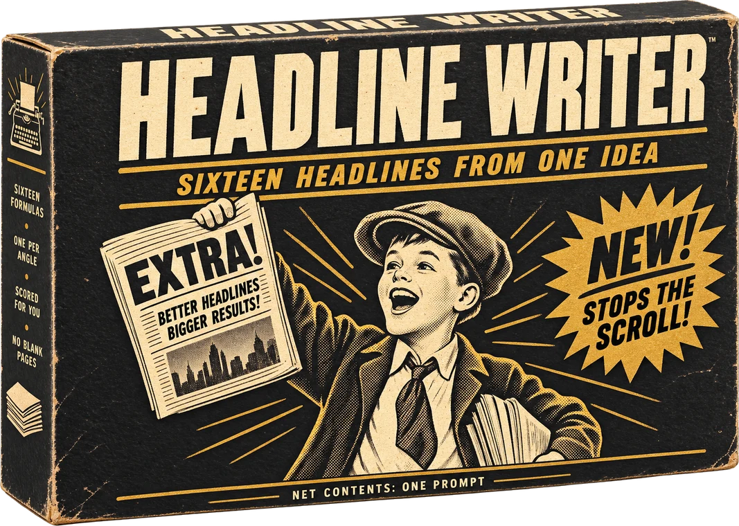 The Headline Writer box, a vintage product package with a 1950s newsboy holding up a newspaper