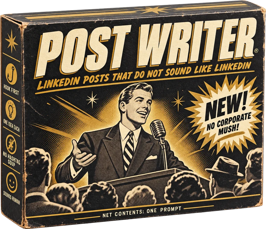 The Post Writer box, a vintage product package with a 1950s speaker at a microphone