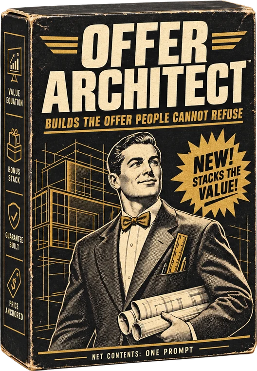 The Offer Architect box, a vintage product package with a 1950s architect holding rolled blueprints