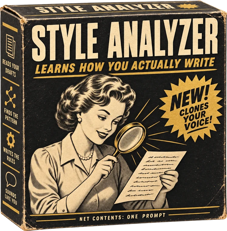 The Style Analyzer box, a vintage product package with a 1950s woman studying a page through a magnifying glass